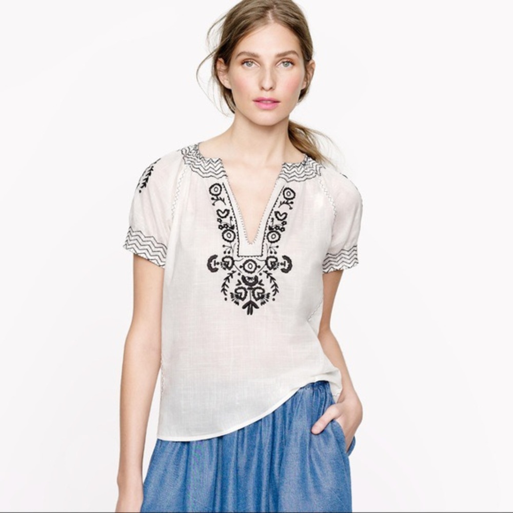 J. Crew Black and White Embroidered Peasant Blouse